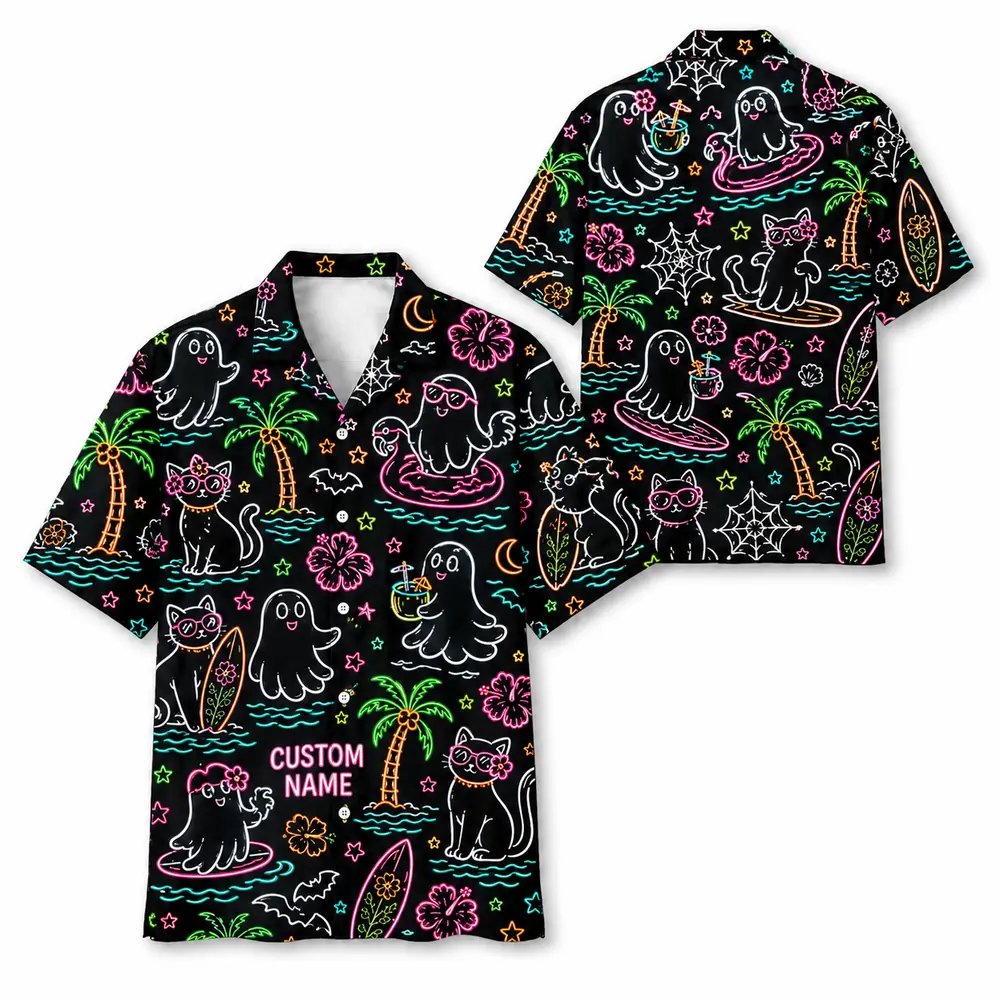 Personalized Neon Halloween Hawaiian Shirt For Men Women, Short Sleeve Glow Festival Party Print, Custom Name Button Down - Style 7