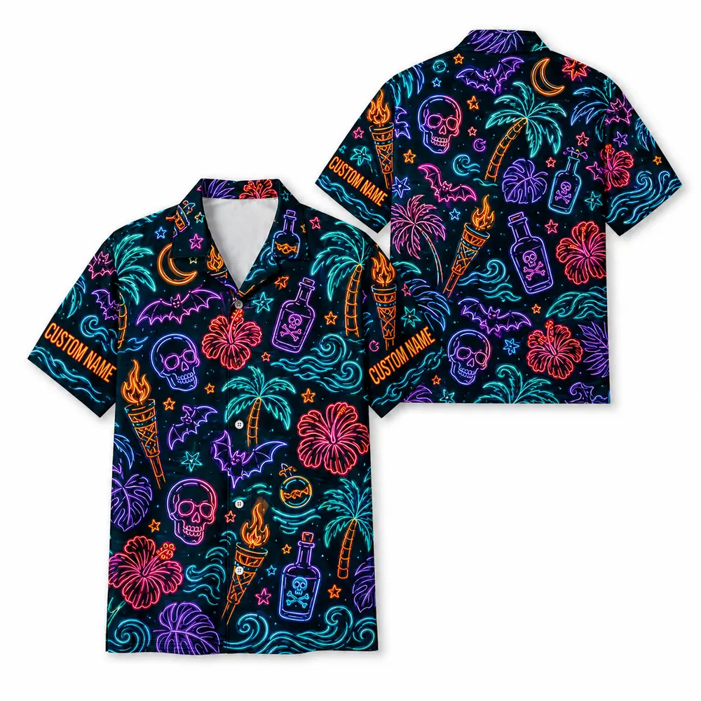 Personalized Neon Halloween Hawaiian Shirt For Men Women, Short Sleeve Glow Festival Party Print, Custom Name Button Down - Style 8