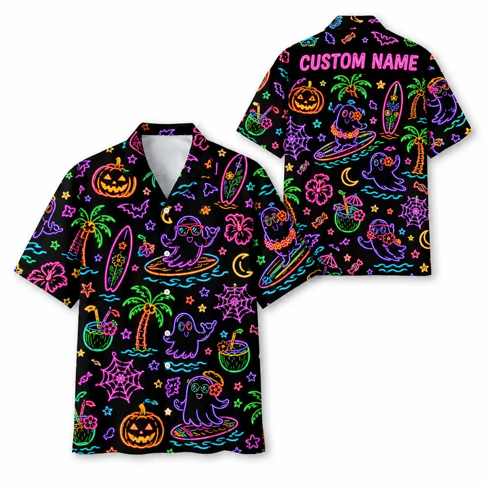 Personalized Neon Halloween Hawaiian Shirt For Men Women, Short Sleeve Glow Festival Party Print, Custom Name Button Down - Style 9