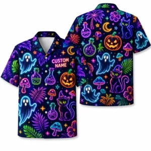 Personalized Neon Pumpkin Halloween Hawaiian Shirt For Men Women, Short Sleeve Glow Festival Party Print, Custom Name Button Down - Style 1