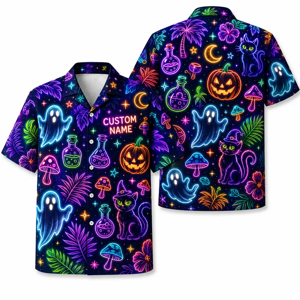 Personalized Neon Pumpkin Halloween Hawaiian Shirt For Men Women, Short Sleeve Glow Festival Party Print, Custom Name Button Down - Style 1