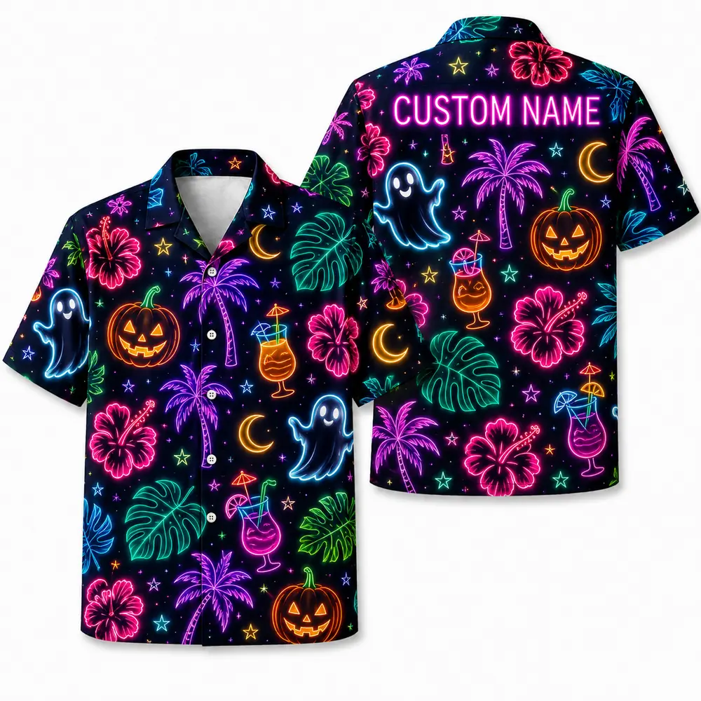 Personalized Neon Pumpkin Halloween Hawaiian Shirt For Men Women, Short Sleeve Glow Festival Party Print, Custom Name Button Down - Style 10