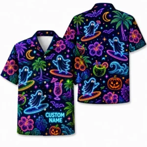 Personalized Neon Pumpkin Halloween Hawaiian Shirt For Men Women, Short Sleeve Glow Festival Party Print, Custom Name Button Down - Style 2