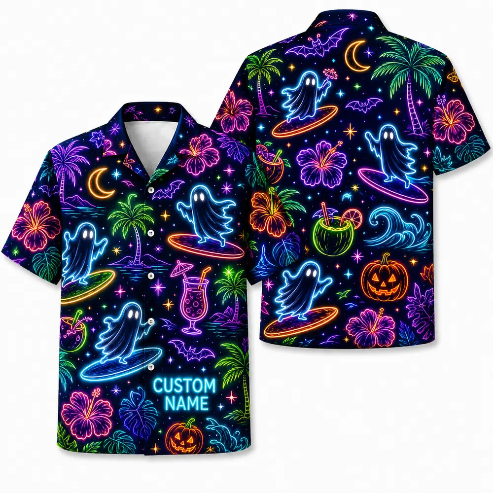 Personalized Neon Pumpkin Halloween Hawaiian Shirt For Men Women, Short Sleeve Glow Festival Party Print, Custom Name Button Down - Style 2