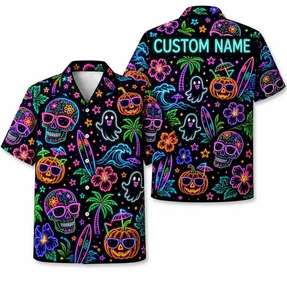 Personalized Neon Pumpkin Halloween Hawaiian Shirt For Men Women, Short Sleeve Glow Festival Party Print, Custom Name Button Down - Style 3