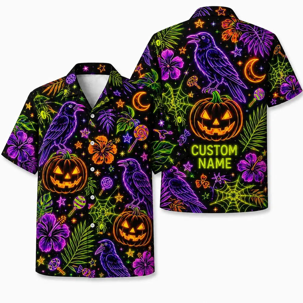 Personalized Neon Pumpkin Halloween Hawaiian Shirt For Men Women, Short Sleeve Glow Festival Party Print, Custom Name Button Down - Style 4