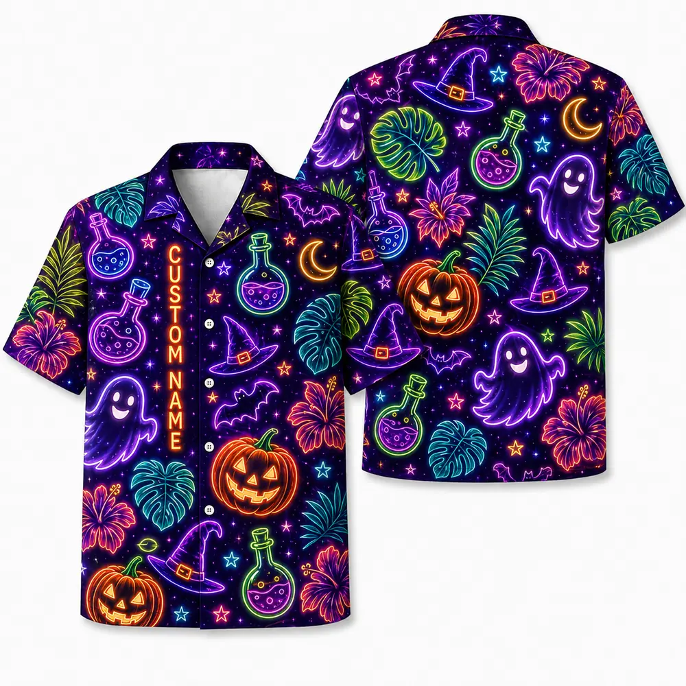 Personalized Neon Pumpkin Halloween Hawaiian Shirt For Men Women, Short Sleeve Glow Festival Party Print, Custom Name Button Down - Style 5