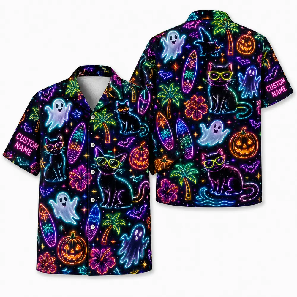 Personalized Neon Pumpkin Halloween Hawaiian Shirt For Men Women, Short Sleeve Glow Festival Party Print, Custom Name Button Down - Style 6