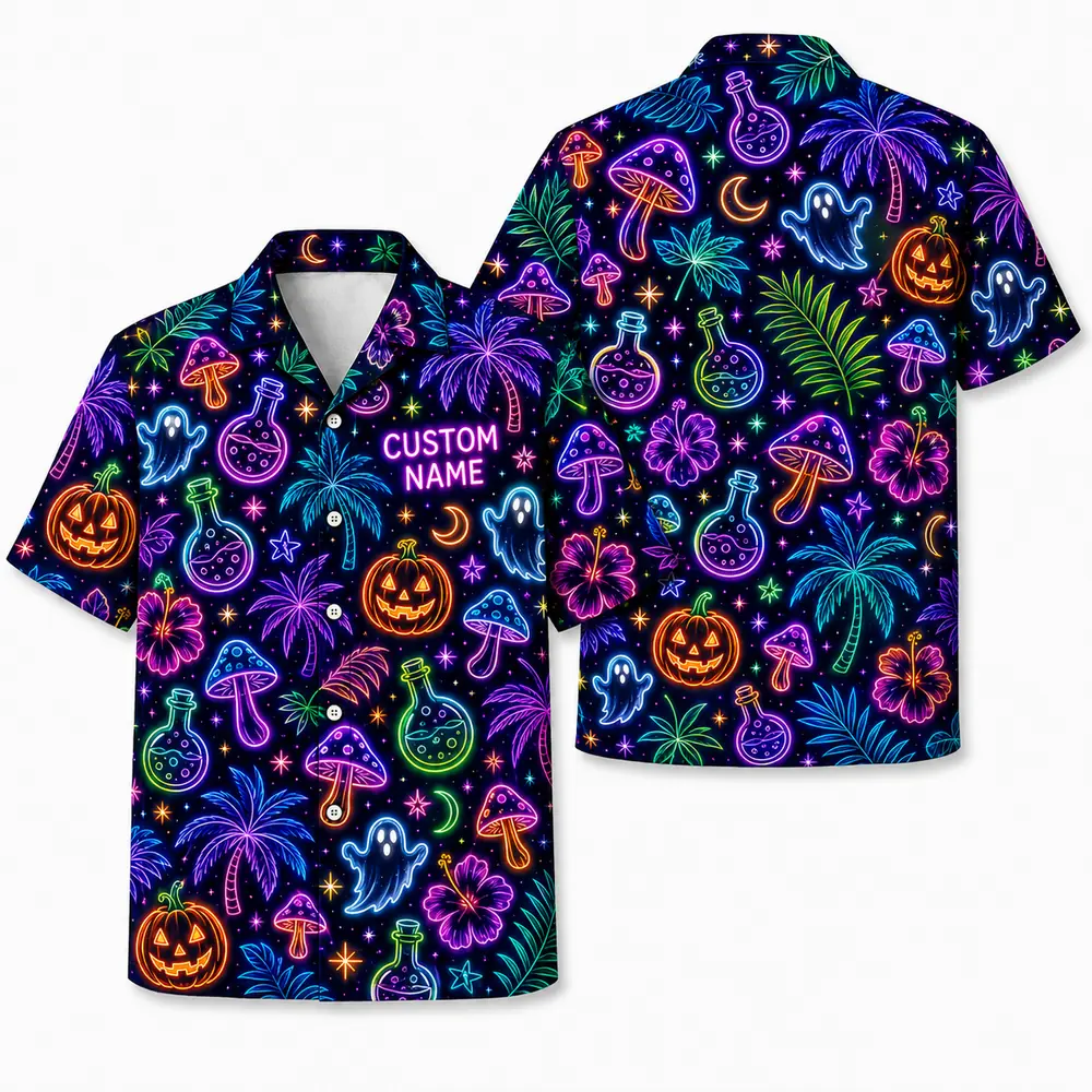 Personalized Neon Pumpkin Halloween Hawaiian Shirt For Men Women, Short Sleeve Glow Festival Party Print, Custom Name Button Down - Style 7