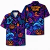 Personalized Neon Pumpkin Halloween Hawaiian Shirt For Men Women, Short Sleeve Glow Festival Party Print, Custom Name Button Down - Style 8