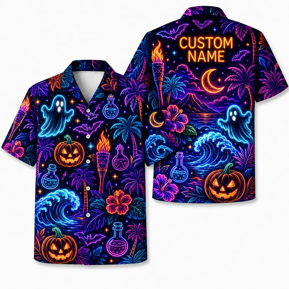 Personalized Neon Pumpkin Halloween Hawaiian Shirt For Men Women, Short Sleeve Glow Festival Party Print, Custom Name Button Down - Style 8