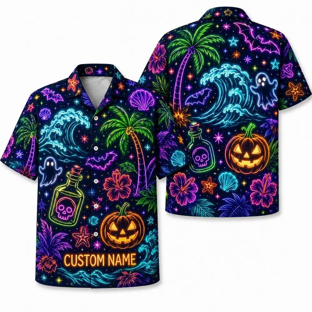 Personalized Neon Pumpkin Halloween Hawaiian Shirt For Men Women, Short Sleeve Glow Festival Party Print, Custom Name Button Down - Style 9