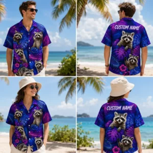 Personalized Neon Raccoon Tropical Hawaiian Shirt For Men And Women, Short Sleeve Cute Wildlife Island Vacation Print, Custom Name Summer Button Down - View 1