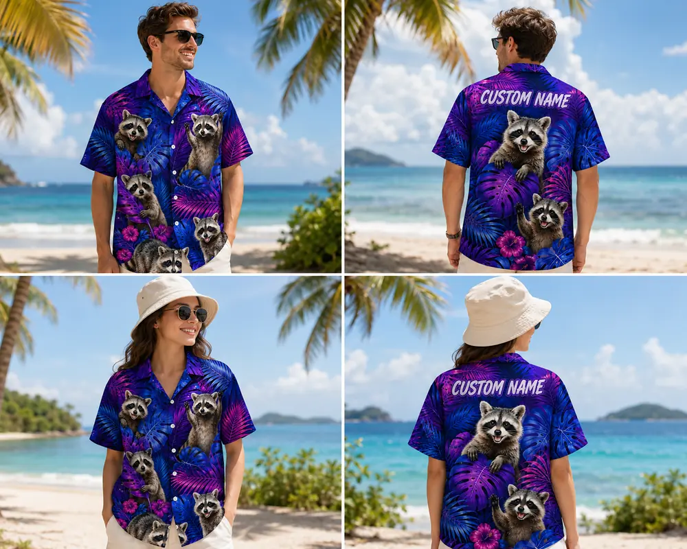 Personalized Neon Raccoon Tropical Hawaiian Shirt For Men And Women, Short Sleeve Cute Wildlife Island Vacation Print, Custom Name Summer Button Down - View 1