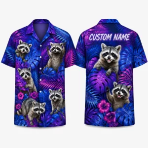 Personalized Neon Raccoon Tropical Hawaiian Shirt For Men And Women, Short Sleeve Cute Wildlife Island Vacation Print, Custom Name Summer Button Down