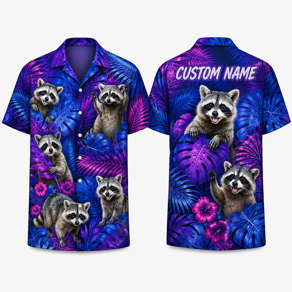 Personalized Neon Raccoon Tropical Hawaiian Shirt For Men And Women, Short Sleeve Cute Wildlife Island Vacation Print, Custom Name Summer Button Down