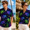 Personalized Neon Sea Turtle Hawaiian Shirt For Men And Women, Short Sleeve Vibrant Ocean Life Print, Custom Name Summer Button Down - View 1