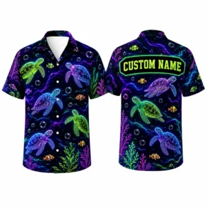 Personalized Neon Sea Turtle Hawaiian Shirt For Men And Women, Short Sleeve Vibrant Ocean Life Print, Custom Name Summer Button Down