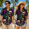 Personalized Neon Skull And Mushroom Hawaiian Shirt For Men And Women, Short Sleeve Vibrant Psychedelic Forest Print, Custom Name Summer Button Down - View 1