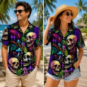 Personalized Neon Skull And Mushroom Hawaiian Shirt For Men And Women, Short Sleeve Vibrant Psychedelic Forest Print, Custom Name Summer Button Down - View 1