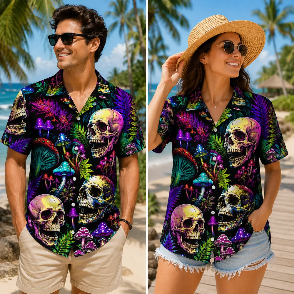 Personalized Neon Skull And Mushroom Hawaiian Shirt For Men And Women, Short Sleeve Vibrant Psychedelic Forest Print, Custom Name Summer Button Down - View 1