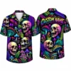 Personalized Neon Skull And Mushroom Hawaiian Shirt For Men And Women, Short Sleeve Vibrant Psychedelic Forest Print, Custom Name Summer Button Down