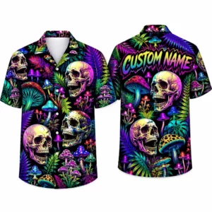 Personalized Neon Skull And Mushroom Hawaiian Shirt For Men And Women, Short Sleeve Vibrant Psychedelic Forest Print, Custom Name Summer Button Down