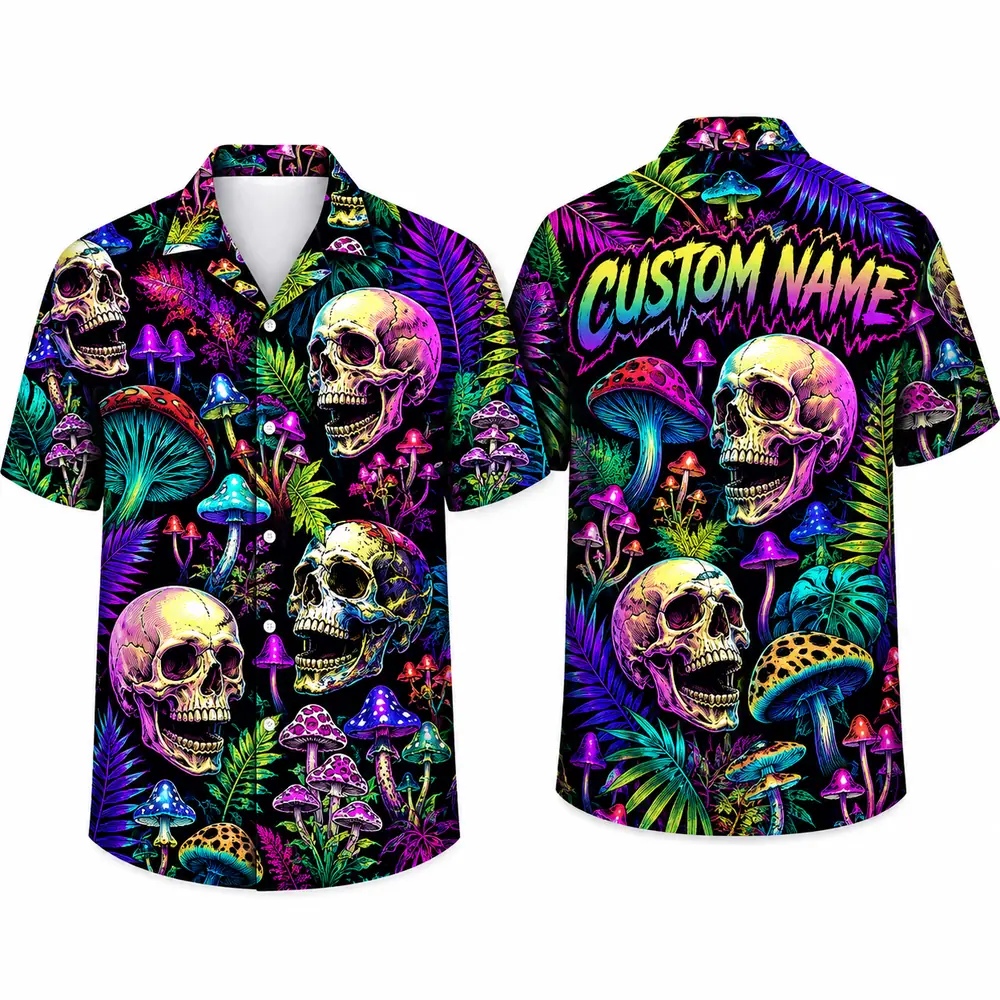 Personalized Neon Skull And Mushroom Hawaiian Shirt For Men And Women, Short Sleeve Vibrant Psychedelic Forest Print, Custom Name Summer Button Down