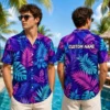 Personalized Neon Tropical Leaf Hawaiian Shirt For Men And Women, Short Sleeve Vibrant Island Vacation Print, Custom Name Summer Button Down - View 1