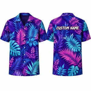 Personalized Neon Tropical Leaf Hawaiian Shirt For Men And Women, Short Sleeve Vibrant Island Vacation Print, Custom Name Summer Button Down
