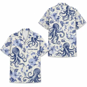 Personalized Octopus Summer Beach Aloha Hawaiian Shirt For Men And Women, Short Sleeve Nautical Ocean Animal, Custom Name Button Down - Style 1