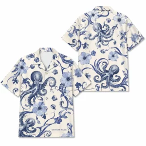 Personalized Octopus Summer Beach Aloha Hawaiian Shirt For Men And Women, Short Sleeve Nautical Ocean Animal, Custom Name Button Down - Style 2