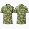Personalized Olive Green Flamingo Hawaiian Shirt For Men And Women, Short Sleeve Natural Tropical Jungle Print, Custom Name Summer Button Down
