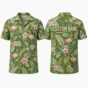 Personalized Olive Green Flamingo Hawaiian Shirt For Men And Women, Short Sleeve Natural Tropical Jungle Print, Custom Name Summer Button Down