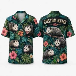 Personalized Opossum Tropical Hawaiian Shirt For Men And Women, Short Sleeve Funny Wildlife Island Vacation Print, Custom Name Summer Button Down