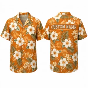 Personalized Orange Hibiscus Hawaiian Shirt For Men And Women, Short Sleeve Vintage Terracotta Floral Summer Print, Custom Name Button Down