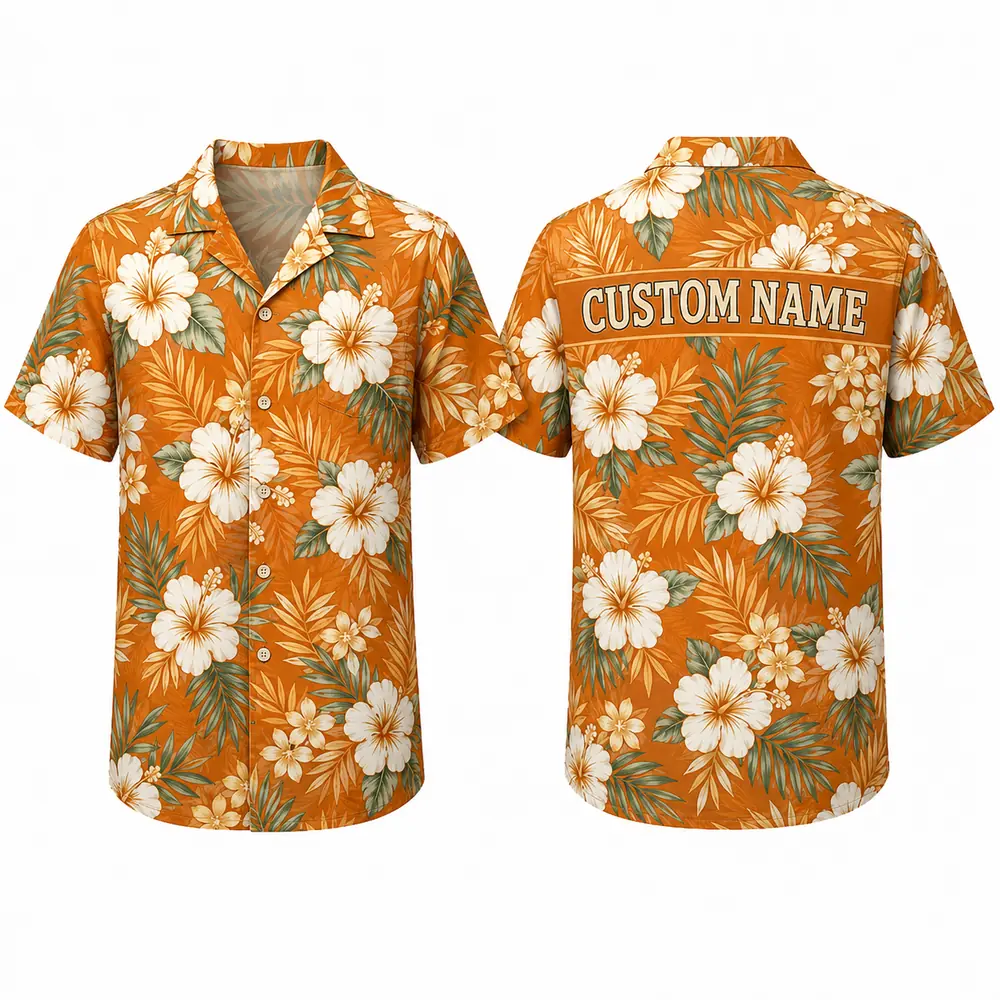 Personalized Orange Hibiscus Hawaiian Shirt For Men And Women, Short Sleeve Vintage Terracotta Floral Summer Print, Custom Name Button Down