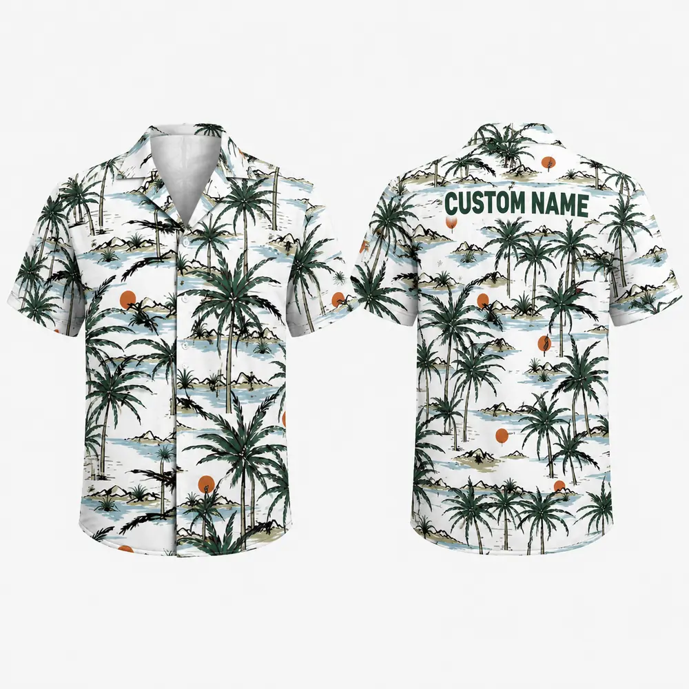 Personalized Palm Tree Beach Hawaiian Shirt For Men And Women, Short Sleeve Tropical Island Vacation Print, Custom Name Summer Button Down