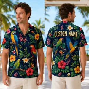 Personalized Parrot Tropical Hawaiian Shirt For Men And Women, Short Sleeve Vibrant Jungle Bird Summer Print, Custom Name Button Down - View 1