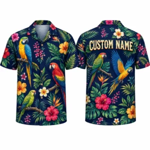 Personalized Parrot Tropical Hawaiian Shirt For Men And Women, Short Sleeve Vibrant Jungle Bird Summer Print, Custom Name Button Down