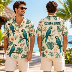 Personalized Parrot Tropical Hawaiian Shirt For Men And Women, Short Sleeve Vintage Jungle Vacation Print, Custom Name Summer Button Down - View 1