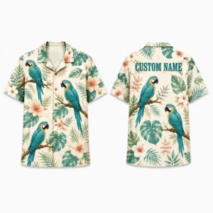 Personalized Parrot Tropical Hawaiian Shirt For Men And Women, Short Sleeve Vintage Jungle Vacation Print, Custom Name Summer Button Down