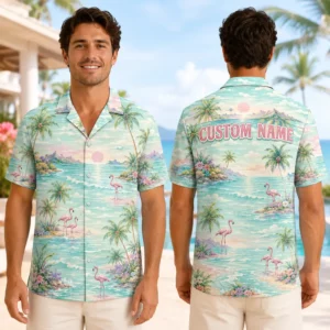 Personalized Pastel Tropical Flamingo Hawaiian Shirt For Men And Women, Short Sleeve Dreamy Ocean Vacation Print, Custom Name Summer Button Down - View 1