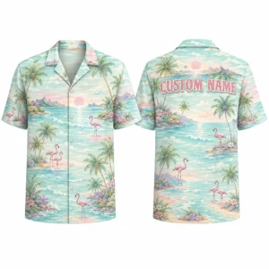Personalized Pastel Tropical Flamingo Hawaiian Shirt For Men And Women, Short Sleeve Dreamy Ocean Vacation Print, Custom Name Summer Button Down