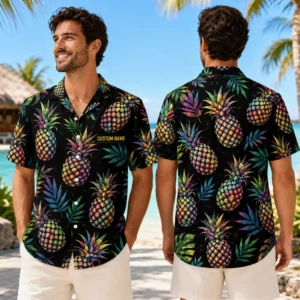 Personalized Pineapple Hawaiian Shirt For Men And Women, Short Sleeve Neon Tropical Print, Custom Name Summer Button Down - View 1