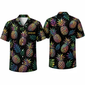 Personalized Pineapple Hawaiian Shirt For Men And Women, Short Sleeve Neon Tropical Print, Custom Name Summer Button Down