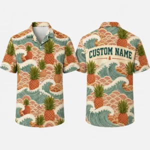 Personalized Pineapple Wave Hawaiian Shirt For Men And Women, Short Sleeve Vintage Japanese Art Style Summer Print, Custom Name Button Down