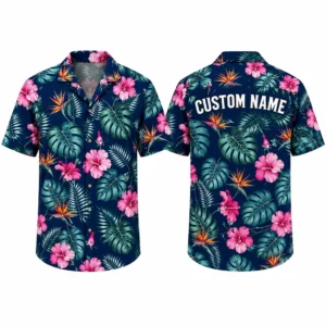 Personalized Pink Hibiscus Tropical Hawaiian Shirt For Men And Women, Short Sleeve Vibrant Island Vacation Print, Custom Name Summer Button Down
