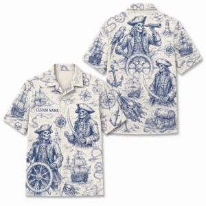 Personalized Pirate Vintage Nautical Sketch Hawaiian Shirt For Men And Women, Short Sleeve Classic Sailor Marine Ocean, Custom Name Button Down - Style 1