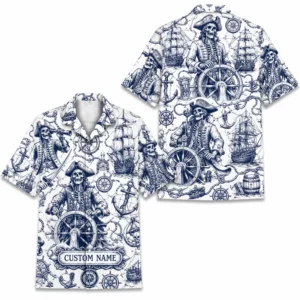Personalized Pirate Vintage Nautical Sketch Hawaiian Shirt For Men And Women, Short Sleeve Classic Sailor Marine Ocean, Custom Name Button Down - Style 2